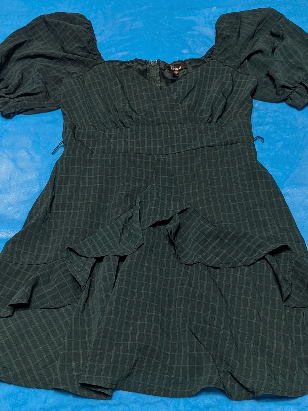 💚 Dark Green Plaid Puff-Sleeve Mini Dress 💚